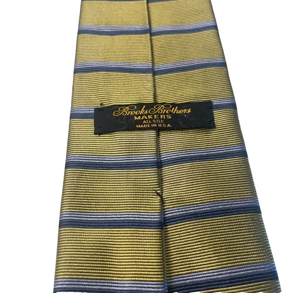 BROOKS BROTHERS Made in USA Silk Golden Navy Blue Striped‎ Repp Tie